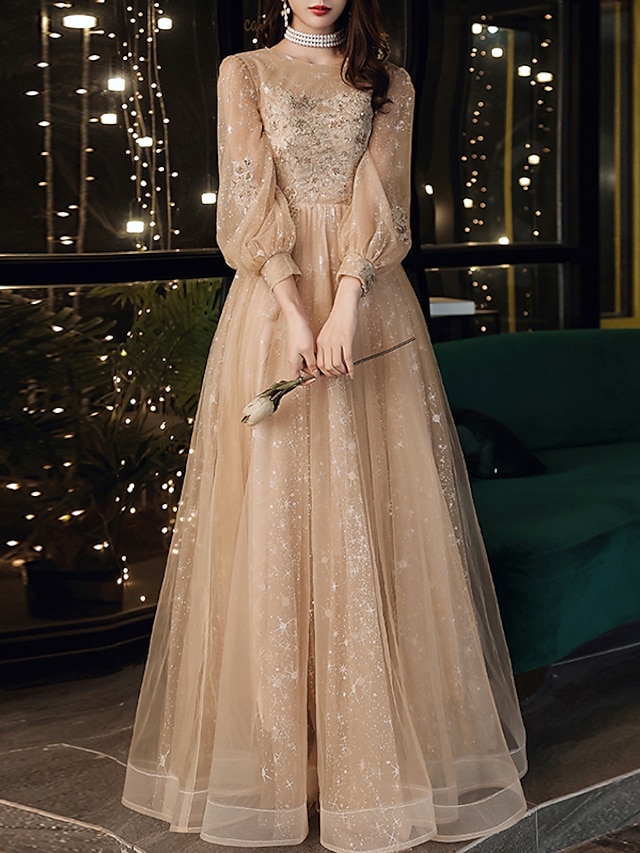  A-Line Prom Dresses Cute Dress Wedding Guest Party Wear Floor Length Long Sleeve Jewel Neck Tulle with Sequin Appliques 2024