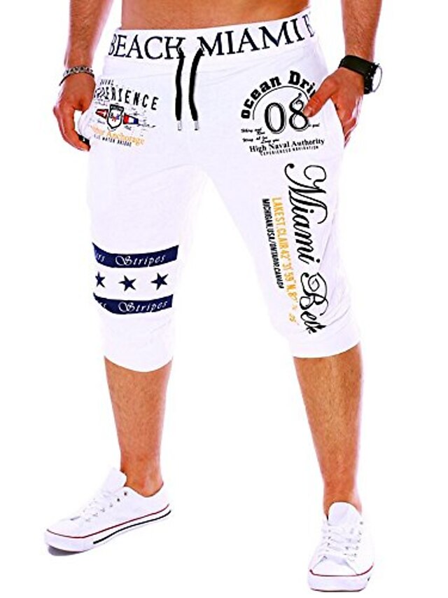 Mens Clothing Mens Bottoms | Printing Loose Sports Pants Mens Joggings Drawstring Elastic Waist Trousers White - AH99503