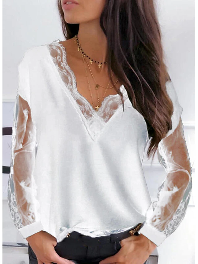 Women's Blouse Shirt Eyelet top Blue White Black Solid Colored Lace ...