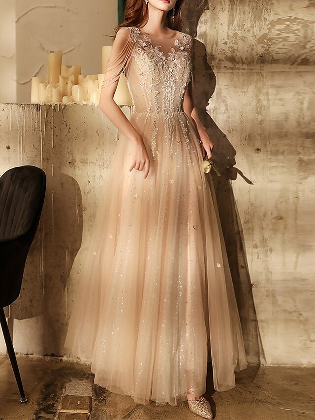 A-Line Sparkle Elegant Wedding Guest Engagement Dress Illusion Neck Short Sleeve Floor Length Tulle with Sequin Tassel Appliques 2022
