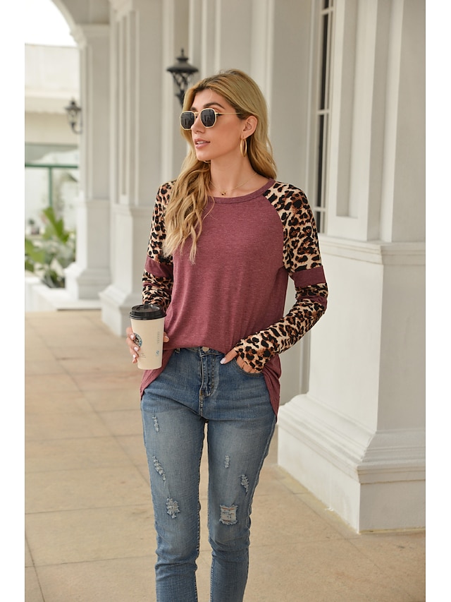 Womens Clothing Womens Tops | Womens Leopard Daily Weekend T shirt Tee Long Sleeve Patchwork Print Round Neck Basic Essential To