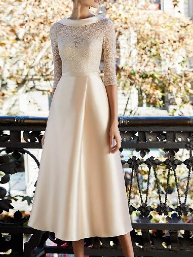  Sheath / Column Mother of the Bride Dress Elegant Jewel Neck Knee Length Satin Lace Half Sleeve with Pleats Appliques 2022