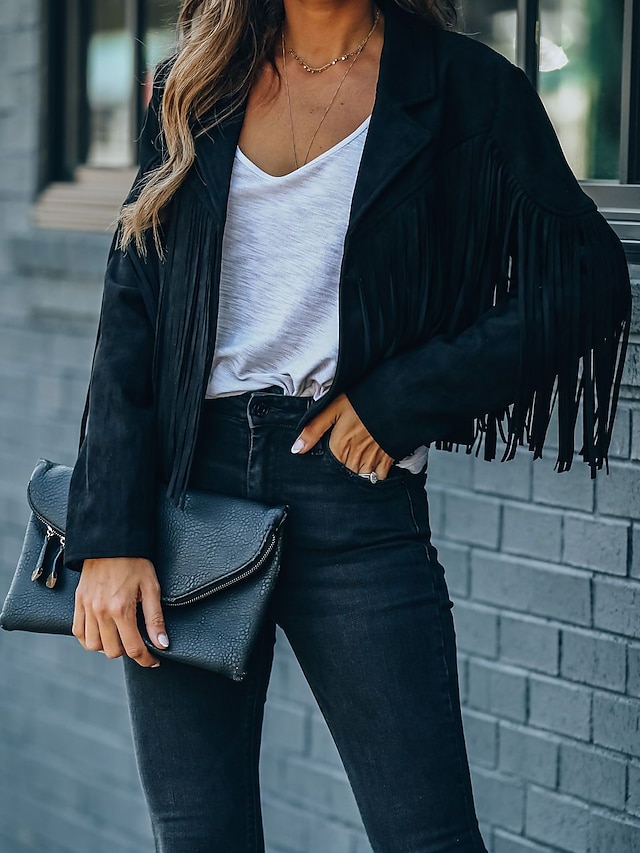  Women's Casual Jacket Going out Fall Tassel Fringe Rusty Regular Coat Regular Fit Breathable Bohemian Style Jacket Long Sleeve Solid ColorWhite Black