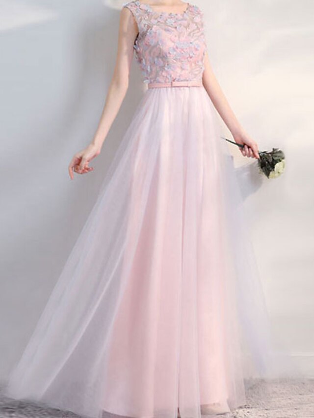  A-Line Jewel Neck Floor Length Chiffon Bridesmaid Dress with Lace / Appliques