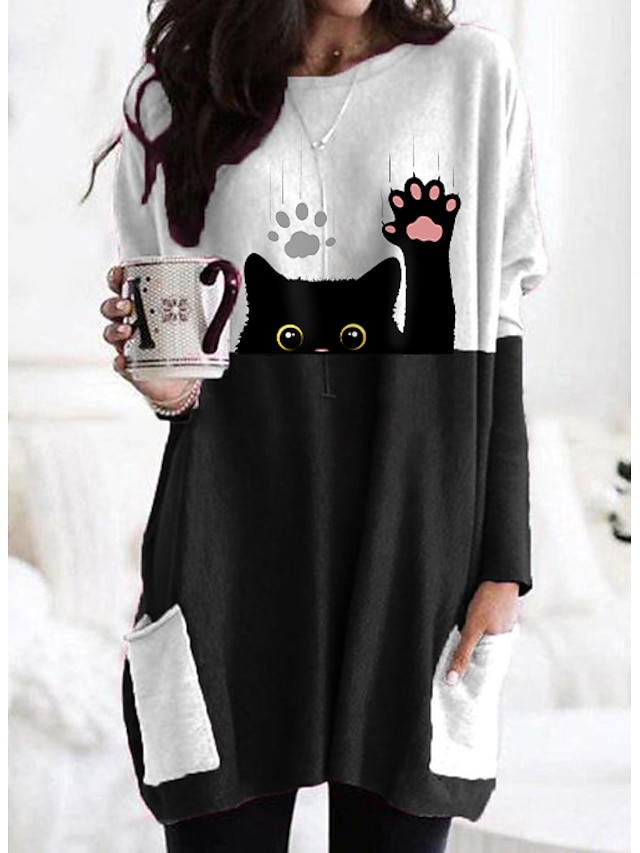 Womens Clothing Womens Tops | Womens Daily T shirt Dress Tunic Cartoon Cat Graphic Prints Long Sleeve Patchwork Print Round Neck