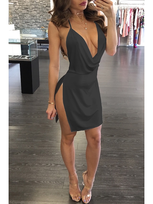  Women's Strap Dress Short Mini Dress White Black Wine Army Green Dusty Blue Dark Gray Red Yellow Sleeveless Solid Color Pure Color Backless Split Spring Summer Halter Neck Hot Sexy Party 2022 S M L
