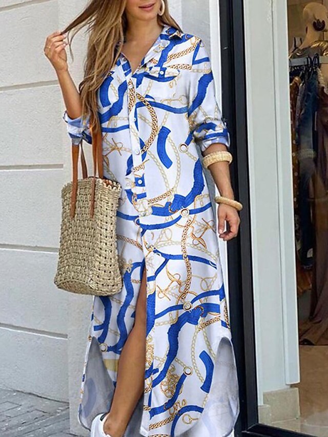 Women's Shirt Dress Long Dress Maxi Dress Black Blue Army Green Long