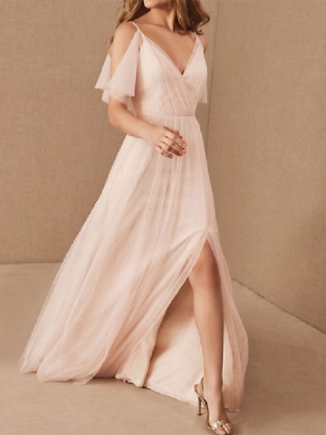  A-Line Bridesmaid Dress V Neck Short Sleeve Beautiful Back Floor Length Tulle with Pleats 2022