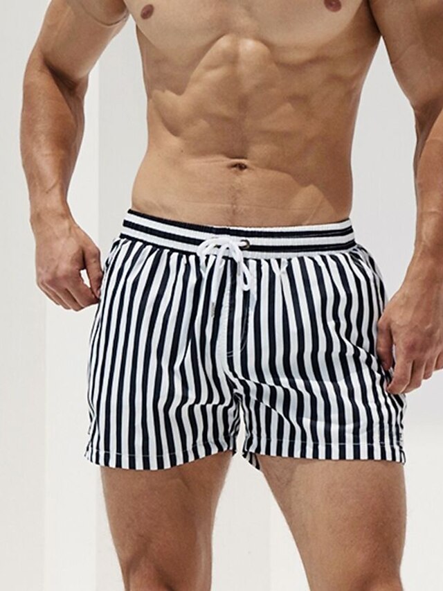  Men's Swimwear Board Shorts Normal Swimsuit Pocket Drawstring Striped White Bathing Suits New Vacation Sports
