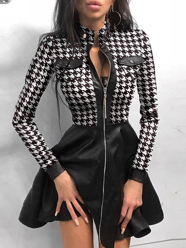 Womens Clothing Womens Dresses | Womens Sheath Dress Knee Length Dress Blue White Black Long Sleeve Houndstooth Patchwork Fall W