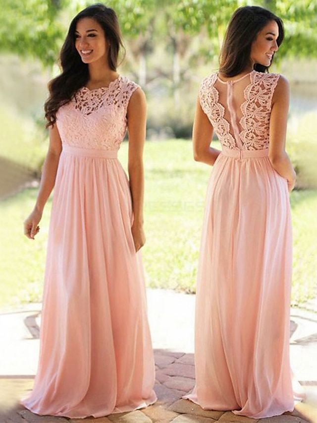  A-Line Bridesmaid Dress Jewel Neck Sleeveless Elegant Floor Length Chiffon / Lace with Sash / Ribbon / Pleats 2023