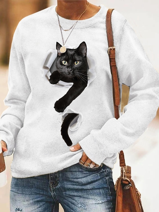  Women's Hoodie Sweatshirt Pullover Print Basic Casual White Gray Graphic Cat 3D Daily Long Sleeve Round Neck