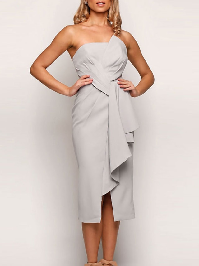  Sheath / Column Bridesmaid Dress Strapless Sleeveless Elegant Tea Length Jersey with Split Front / Ruching 2022