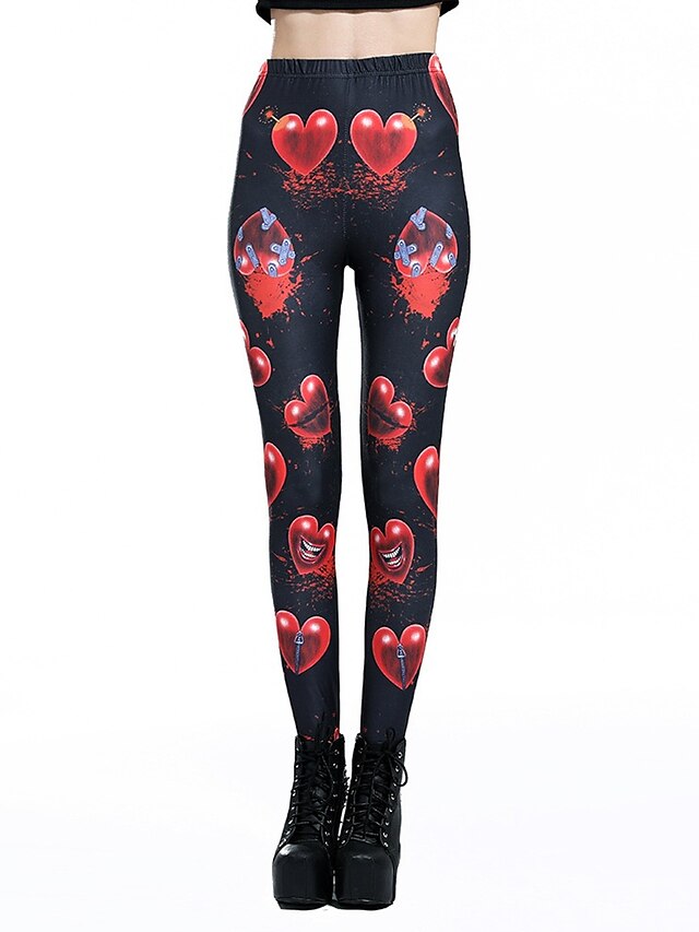  Women's Basic Casual Leggings Print Full Length Plus Size Pants Daily Gym Heart Comfort Skinny Black S M L XL XXL
