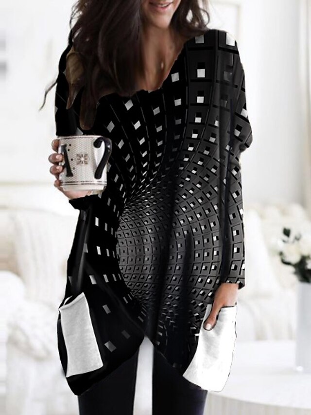 Womens Clothing Womens Dresses | Womens Shift Dress Short Mini Dress Black Long Sleeve Geometric Print Fall Spring V Neck Casual