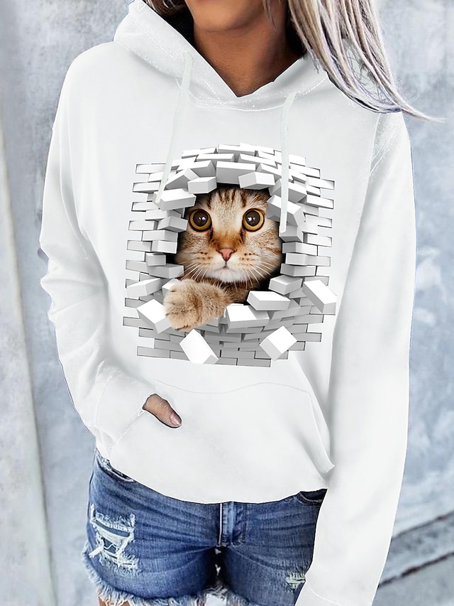  Women's Hoodie Pullover Front Pocket Basic Casual White Graphic Cat 3D Daily Long Sleeve Hooded