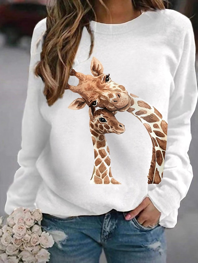  Women's Hoodie Sweatshirt Pullover Print Basic Casual White Gray Graphic Cartoon Giraffe Daily Long Sleeve Round Neck