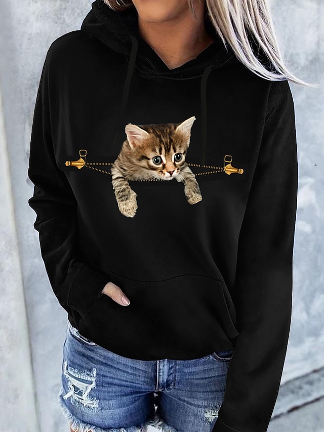  Women's Hoodie Pullover Front Pocket Basic Casual Black White Graphic Cat 3D Daily Long Sleeve Hooded Cotton