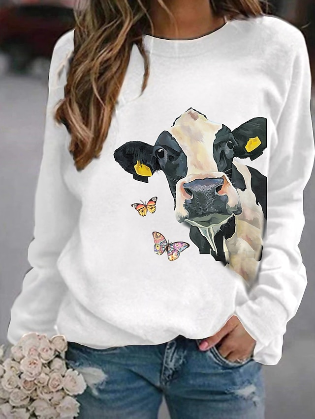  Women's Hoodie Sweatshirt Pullover Basic Casual Black White Pink Graphic Butterfly Cow Daily Long Sleeve Round Neck