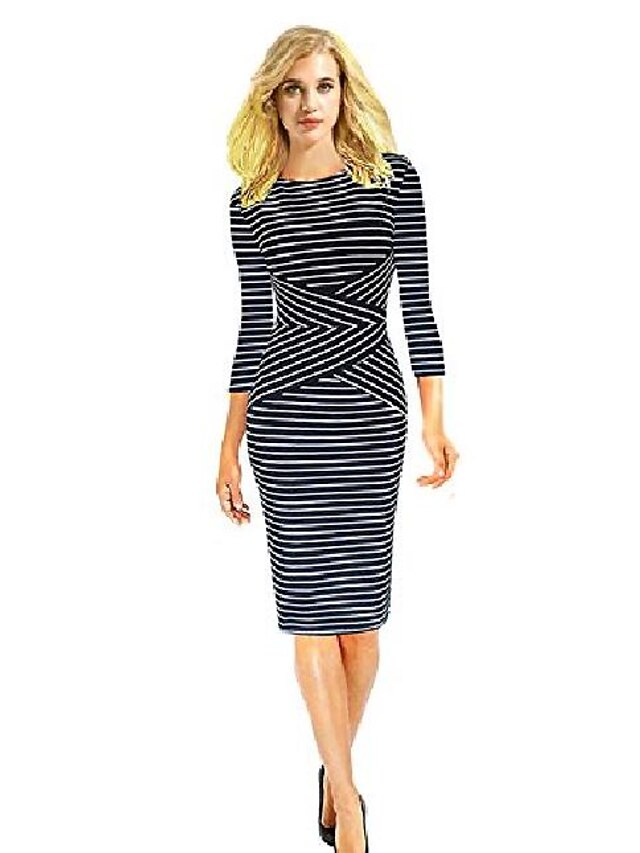  women's striped pencil dress 3/4 sleeve business dress autumn winter long sleeve t-shirts long tee shirts(navy s)