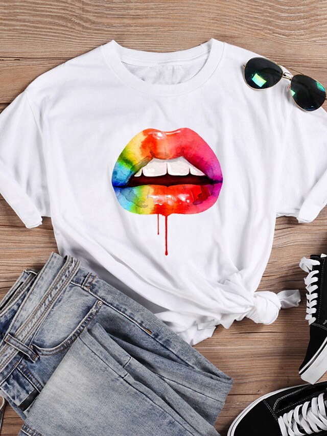  Damen T-Shirt Regenbogen Lippen Druck Rundhalsausschnitt Oberteile 100% Baumwolle Grundlegend Basic Top Weiß