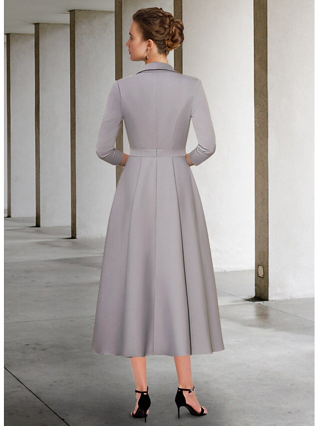 Sheath/Column Square 3/4 Sleeves Tea-Length Unique Mother of the Bride Dresses with Feathers