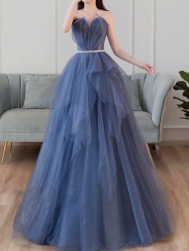  A-Line Evening Gown Elegant Dress Prom Formal Evening Floor Length Sleeveless Sweetheart Tulle with Sash / Ribbon Pleats Tiered 2024