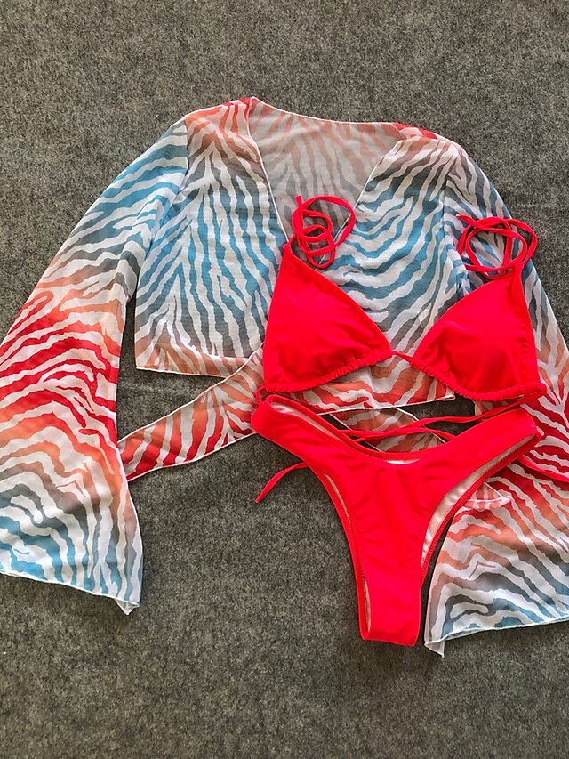 Womens Clothing Womens Swimwear | Womens Swimwear Bikini Three Piece Normal Swimsuit Mesh Striped Ombre Orange Red Brown Halter 