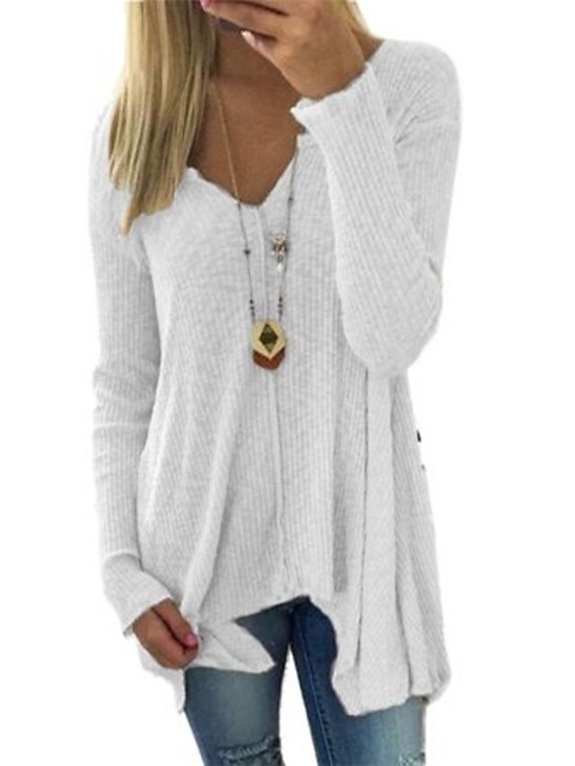  Women's Pullover Sweater Jumper Knit Long Thin Solid Colored Deep V Casual Fall Spring White Black S M L / Long Sleeve / Regular Fit