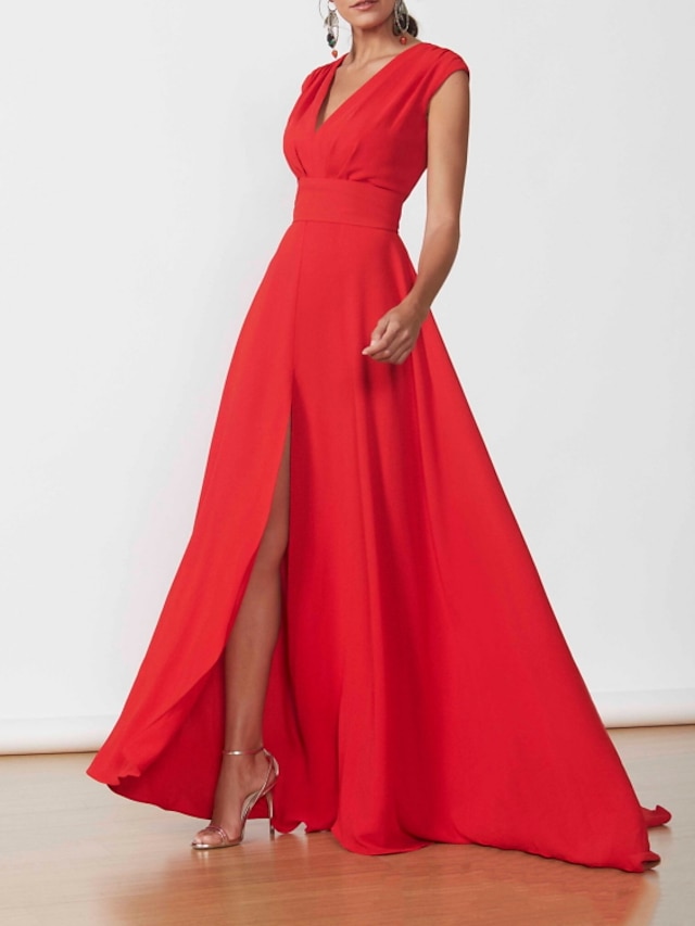  Robe de soirée trapèze minimaliste élégante pour invités de mariage, robe de soirée formelle, col en V, sans manches, longueur au sol, en mousseline de soie avec fente, 2024