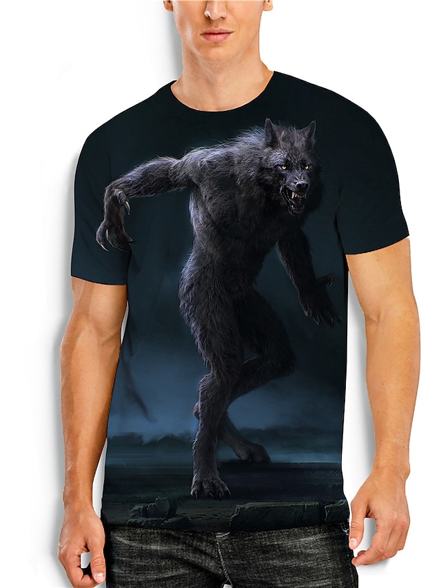  Men's T shirt Tee Animal Wolf 3D Round Neck Navy Blue 3D Print Daily Holiday Short Sleeve 3D Print Clothing Apparel Casual / Summer / Summer