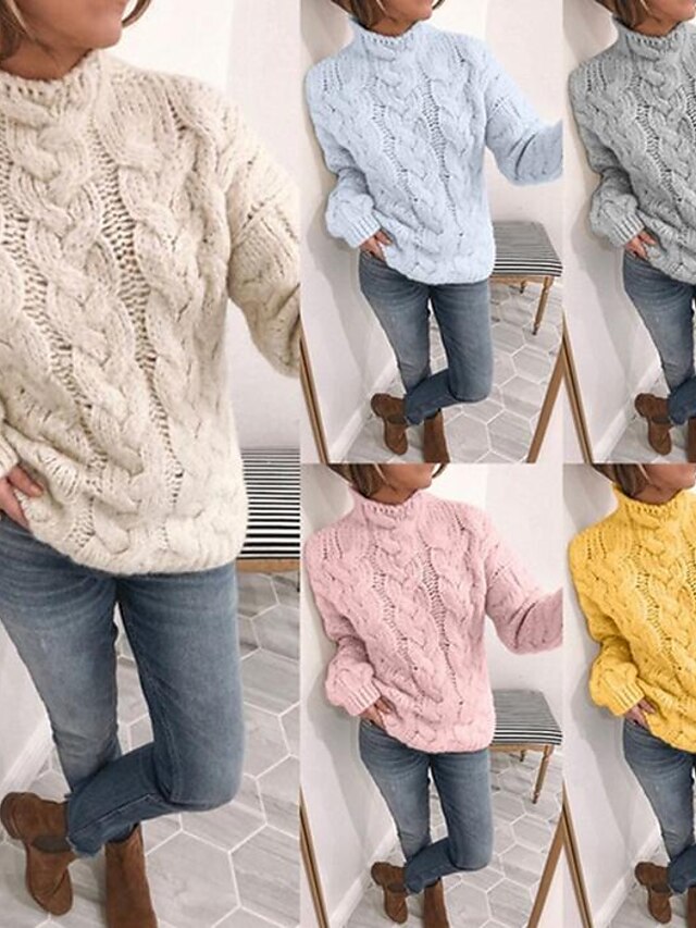 Women's Pullover Sweater Knitted Solid Color Basic Casual Chunky Cable ...