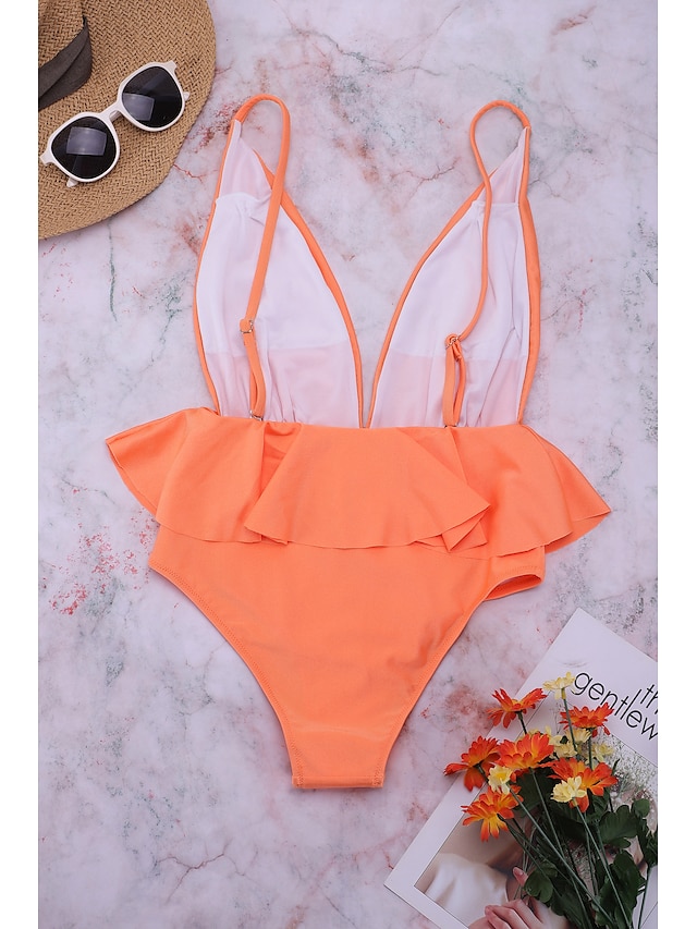 Womens Clothing Womens Swimwear | Womens Swimwear One Piece Monokini Normal Swimsuit Tummy Control Ruffle Open Back Solid Color 