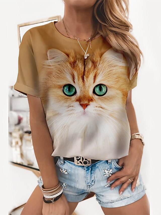 Dam 3D Cat T-shirt Katt Grafisk 3D Mönster Rund hals Grundläggande Blast Gul / 3D-tryck