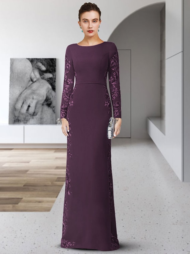  Sheath / Column Mother of the Bride Dress Elegant Jewel Neck Floor Length Chiffon Lace Long Sleeve with Sash / Ribbon Appliques 2022