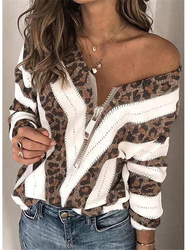 Womens Clothing Sweaters & Cardigans | Womens Pullover Sweater Zipper Knitted Color Block Leopard Stylish Casual Sexy Long Sleev