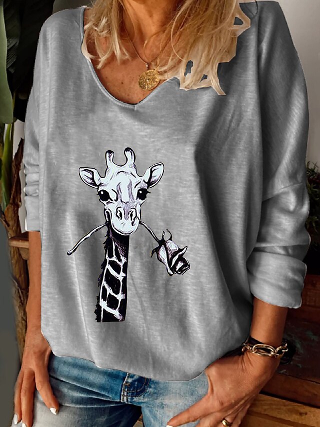 Womens Clothing Womens Tops | Womens Daily Weekend Floral Painting T shirt Tee Floral Giraffe Animal Long Sleeve Print V Neck Ba