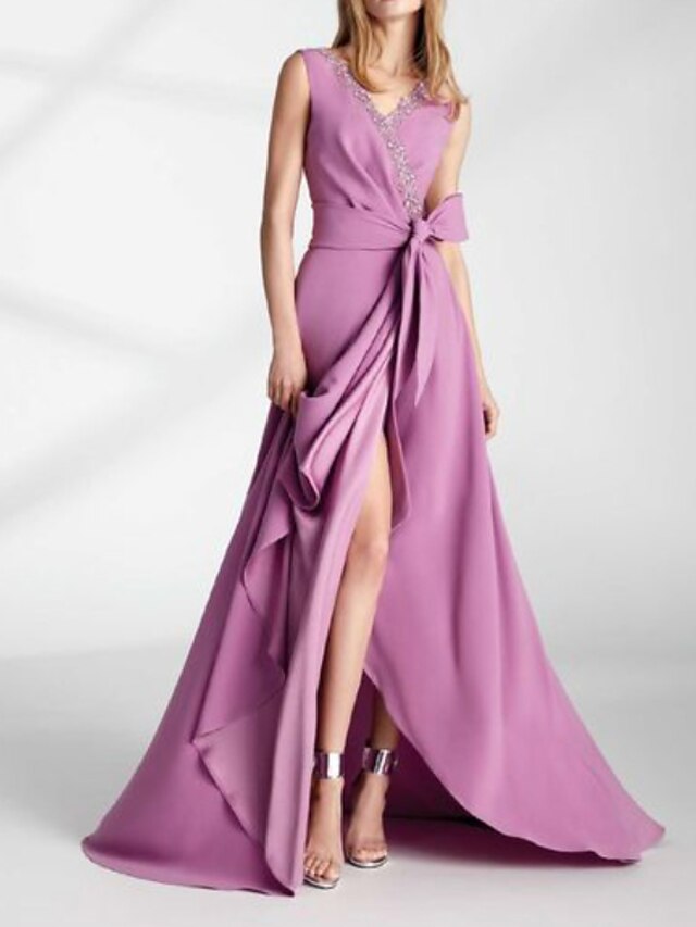 A Line Evening Gown Elegant Dress Wedding Guest Formal Evening Floor Length Sleeveless V Neck 2499