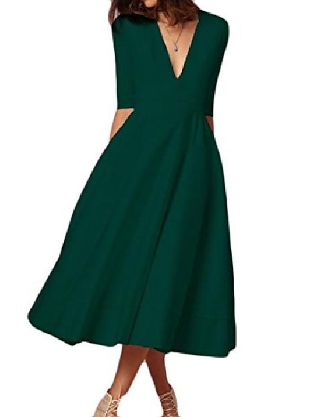 Womens Clothing Womens Dresses | Womens Swing Dress Midi Dress Green Blue White Black Red Rose Red Half Sleeve Solid Color Ruche