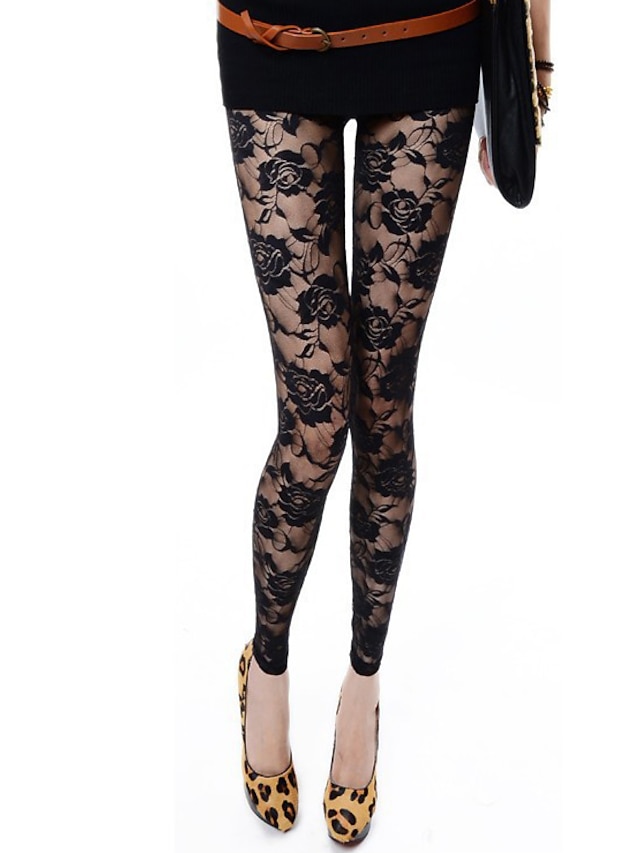  Women's Stylish Sexy Lace Leggings Ankle-Length Pants Micro-elastic Casual Weekend Floral Mid Waist Comfort Slim Black White One-Size
