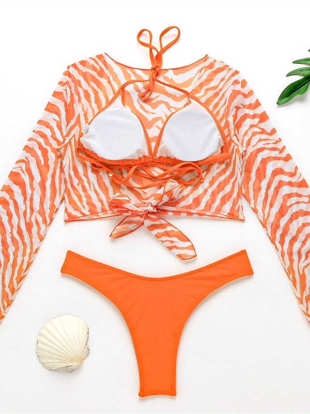 Womens Clothing Womens Swimwear | Womens Swimwear Bikini Three Piece Normal Swimsuit Mesh Striped Ombre Orange Red Brown Halter 