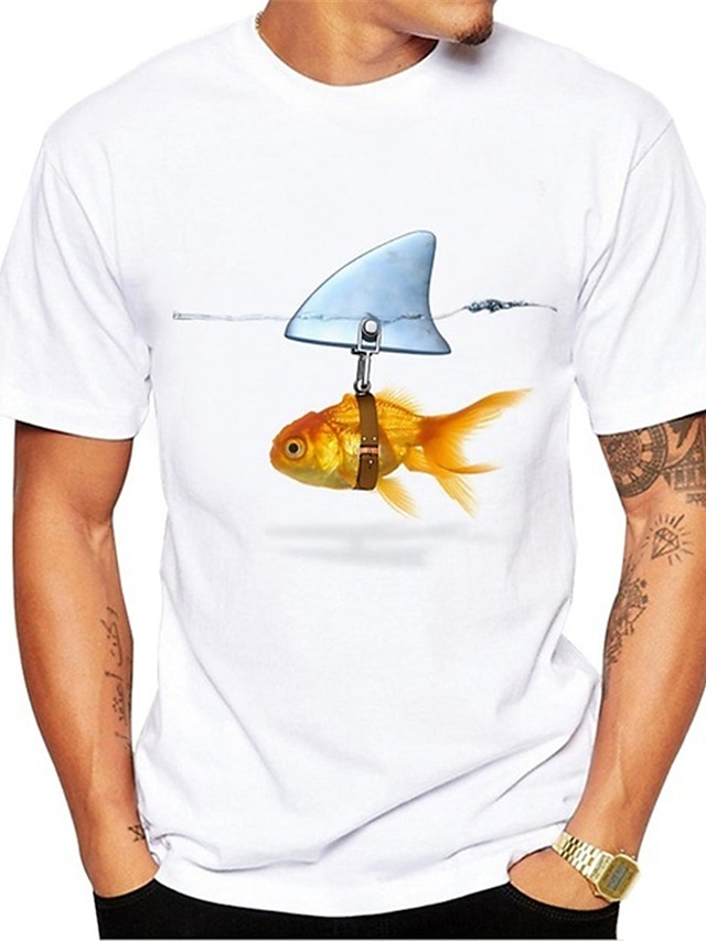  Camiseta para hombre con estampado de peces y animales, cuello redondo, manga corta, blanco, estampado diario de vacaciones, camisetas casuales bonitas divertidas de verano