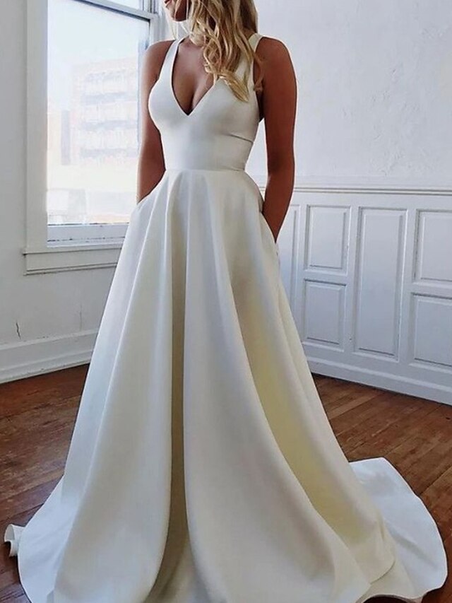  A-Line Wedding Dresses V Neck Sweep / Brush Train Italy Satin Sleeveless Simple with Pleats 2022