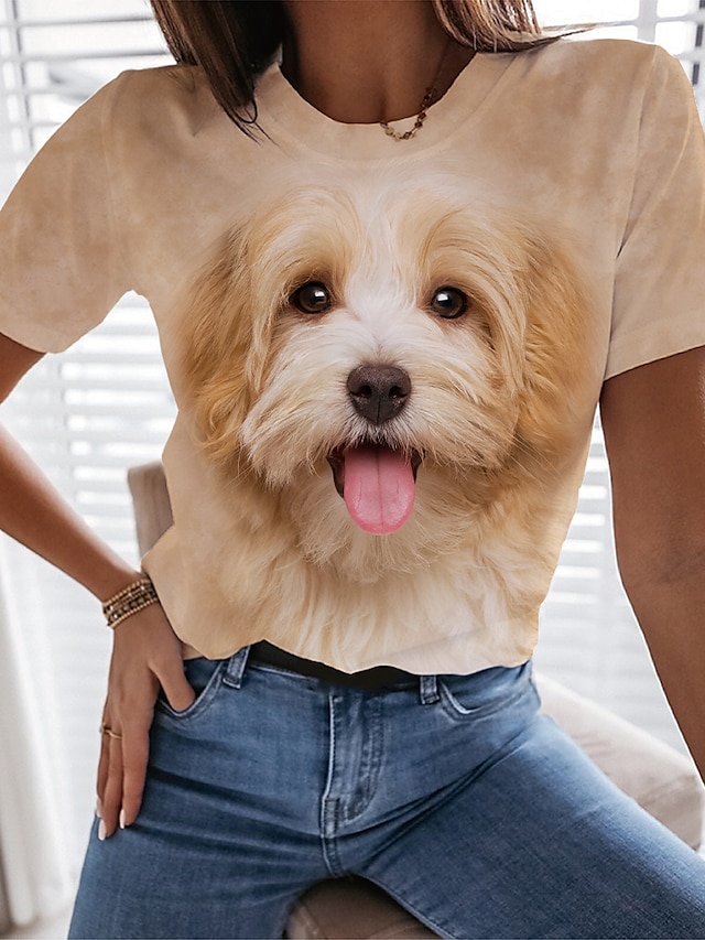  Women's T shirt Tee Designer 3D Print Dog Graphic 3D Design Short Sleeve Round Neck Daily Print Clothing Clothes Designer Basic Beige