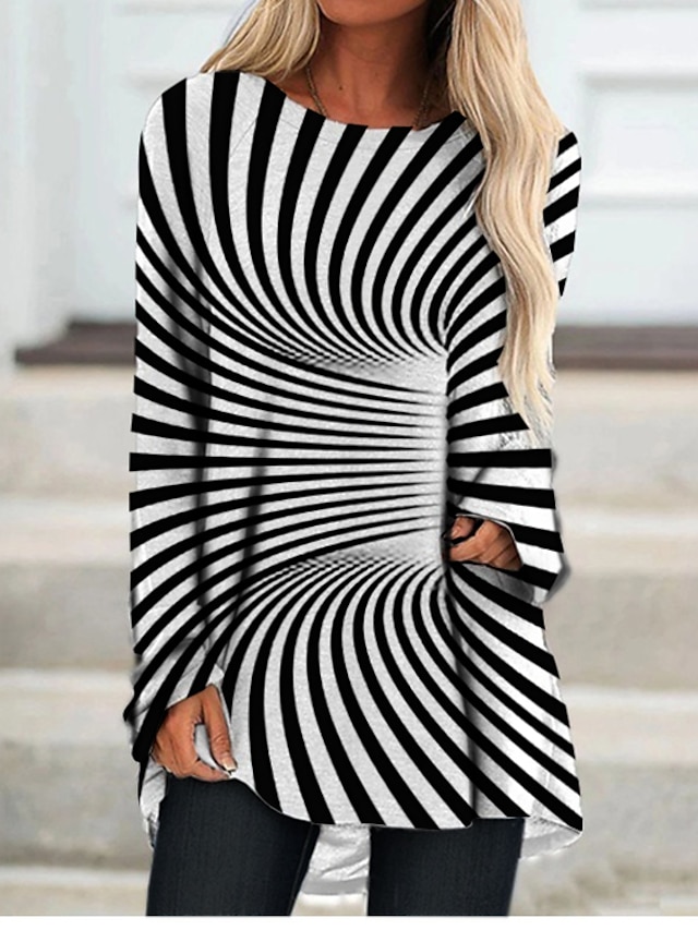  Dame T shirt kjole Kort minikjole Sort Langærmet Ruder Farveblok Geometrisk Trykt mønster Efterår Forår Rund hals 3D-tryk Afslappet Fest 3D-udskrivning S M L XL XXL 3XL / Sommer