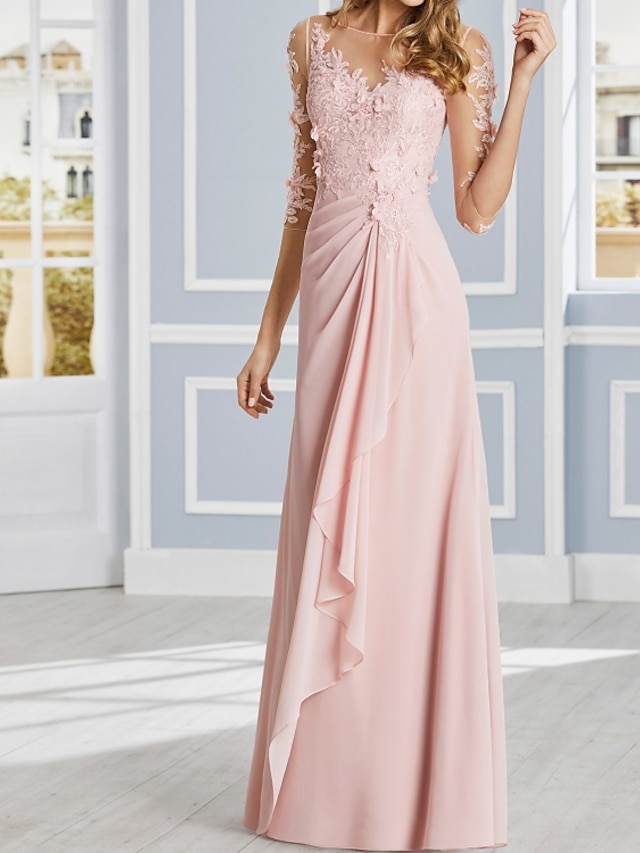  Sheath / Column Luxurious Floral Engagement Formal Evening Dress Illusion Neck Half Sleeve Floor Length Chiffon with Ruffles Draping Appliques 2022