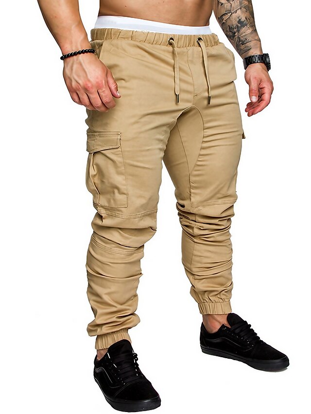 X-Future Men Side Stripe Multi Pockets Casual Elastic Waist Jogging Cargo Pants Trousers