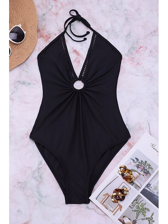 Womens Clothing Womens Swimwear | Womens Swimwear One Piece Monokini Normal Swimsuit Hollow Out Tummy Control Solid Color Black 