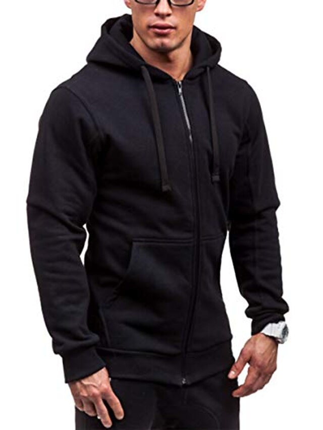 Mens Fashion Zipup Hoodie Long Sleeve Loose Fit Solid Color Sweatshirt With Kangaroo Pocket