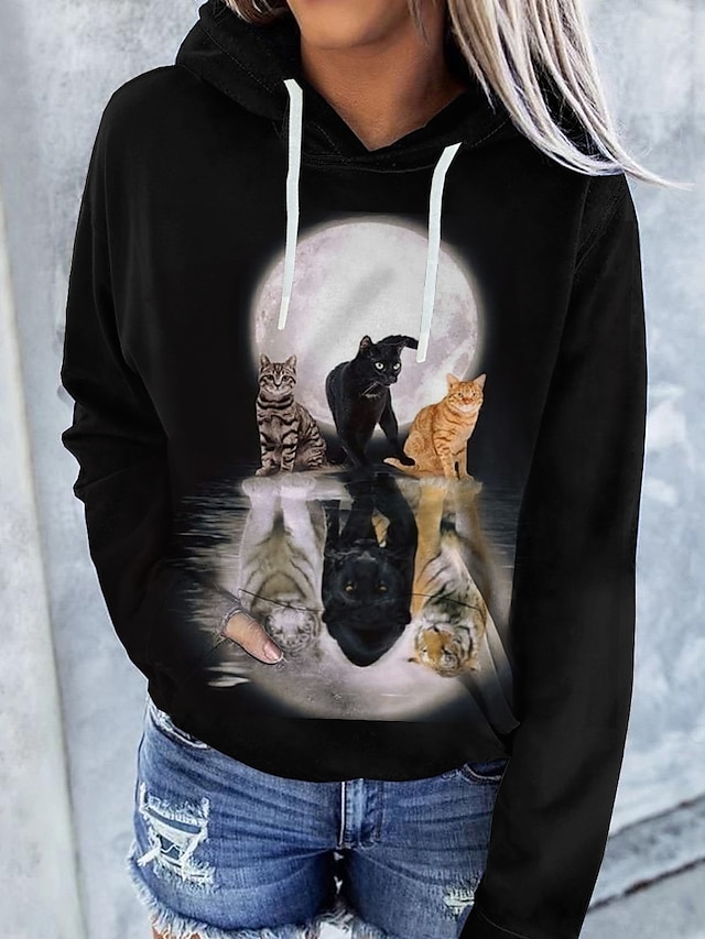 Womens Clothing Womens Tops | Womens Hoodie Pullover Cat Graphic 3D Front Pocket Print Daily 3D Print Basic Casual Hoodies Sweat